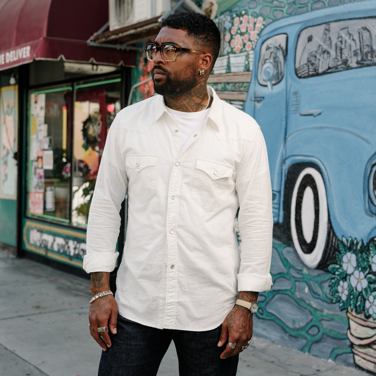 The Flat Head FN-SCW-003L Chambray Western Shirt White FINAL SALE