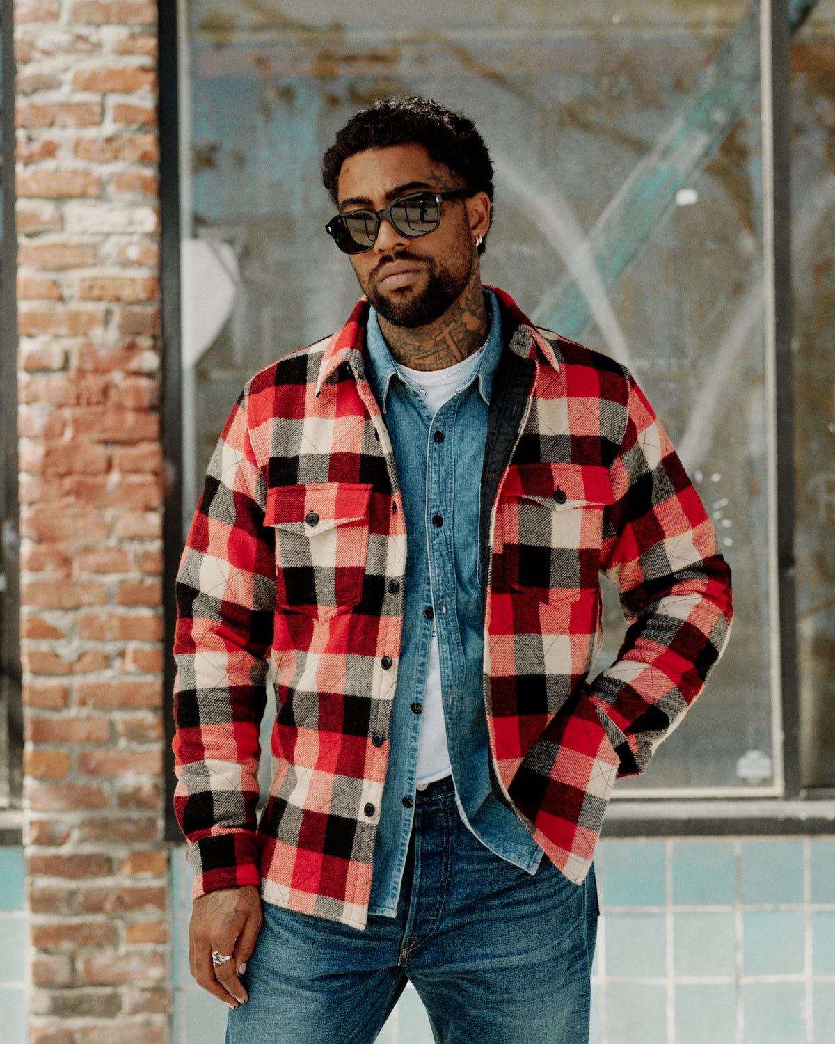 RRL Quilted Plaid Wool Overshirt Red/ Black