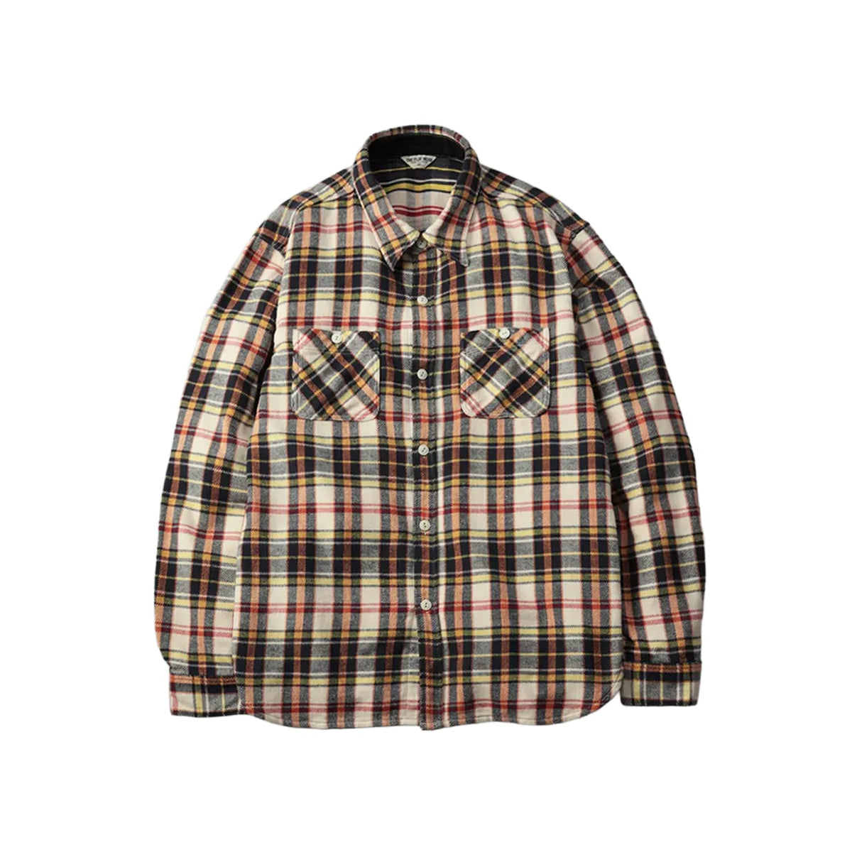 Flat Head FN-SNR-014L Flannel Check Work Shirt Ivory x Black FINAL SALE