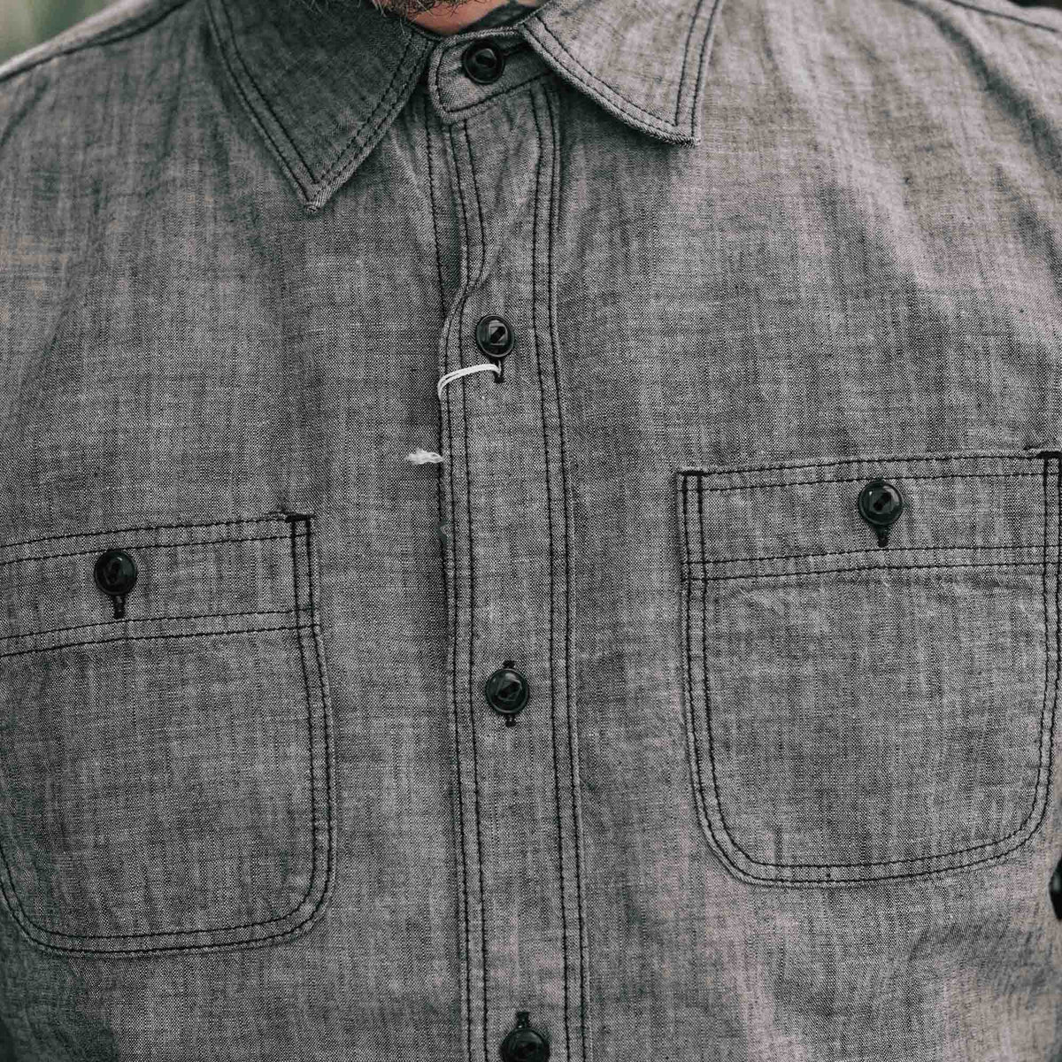 The Flat Head FN-SCK-01OS Chambray Short Sleeve Work Shirt Black