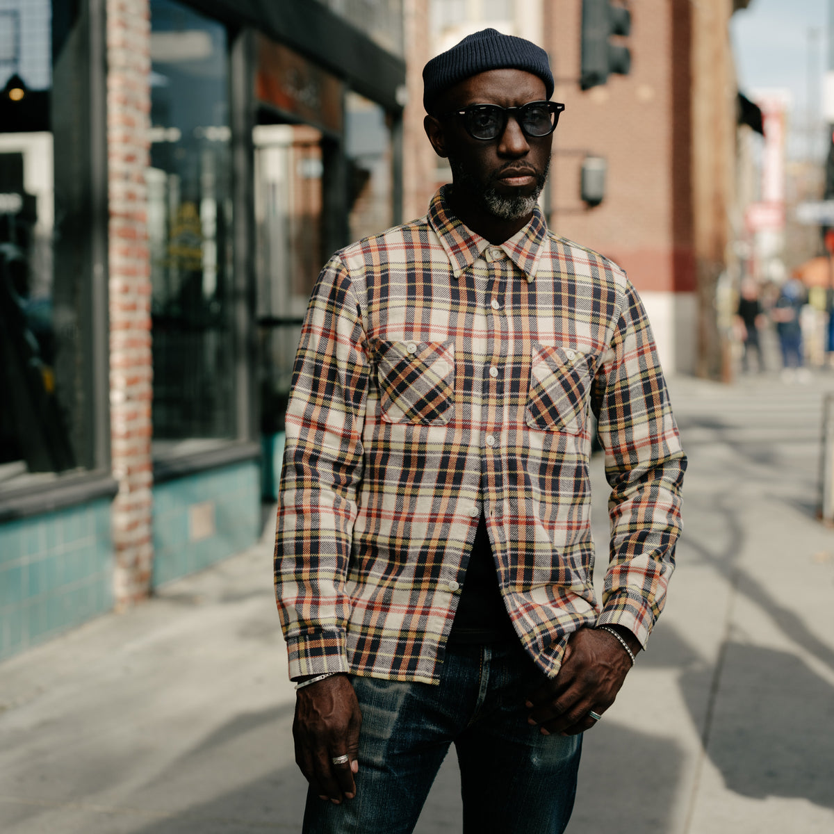 Flat Head FN-SNR-014L Flannel Check Work Shirt Ivory x Black FINAL SALE