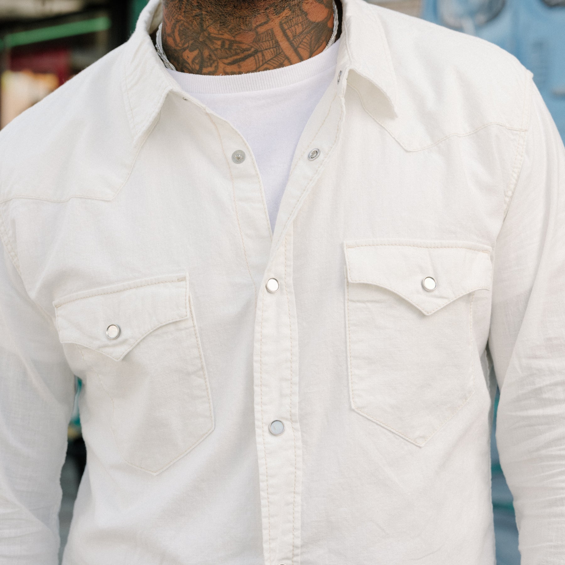 The Flat Head FN-SCW-003L Chambray Western Shirt White FINAL SALE
