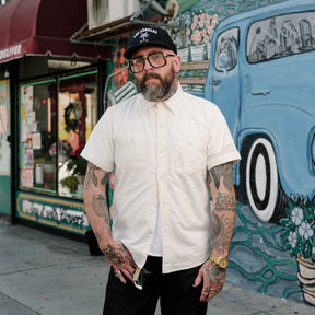 The Flat Head FN-SCK-010S Chambray Short-Sleeve Work Shirt White
