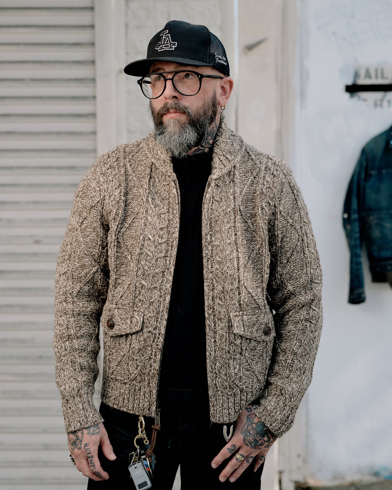 RRL Cable-Wool Full-Zip Sweater Brown/ Cream Marl