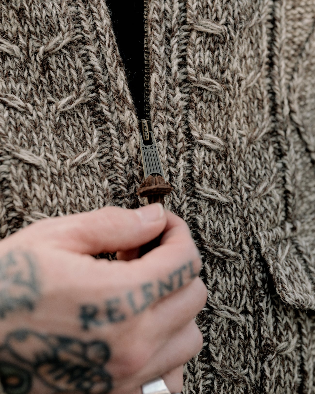 RRL Cable-Wool Full-Zip Sweater Brown/ Cream Marl