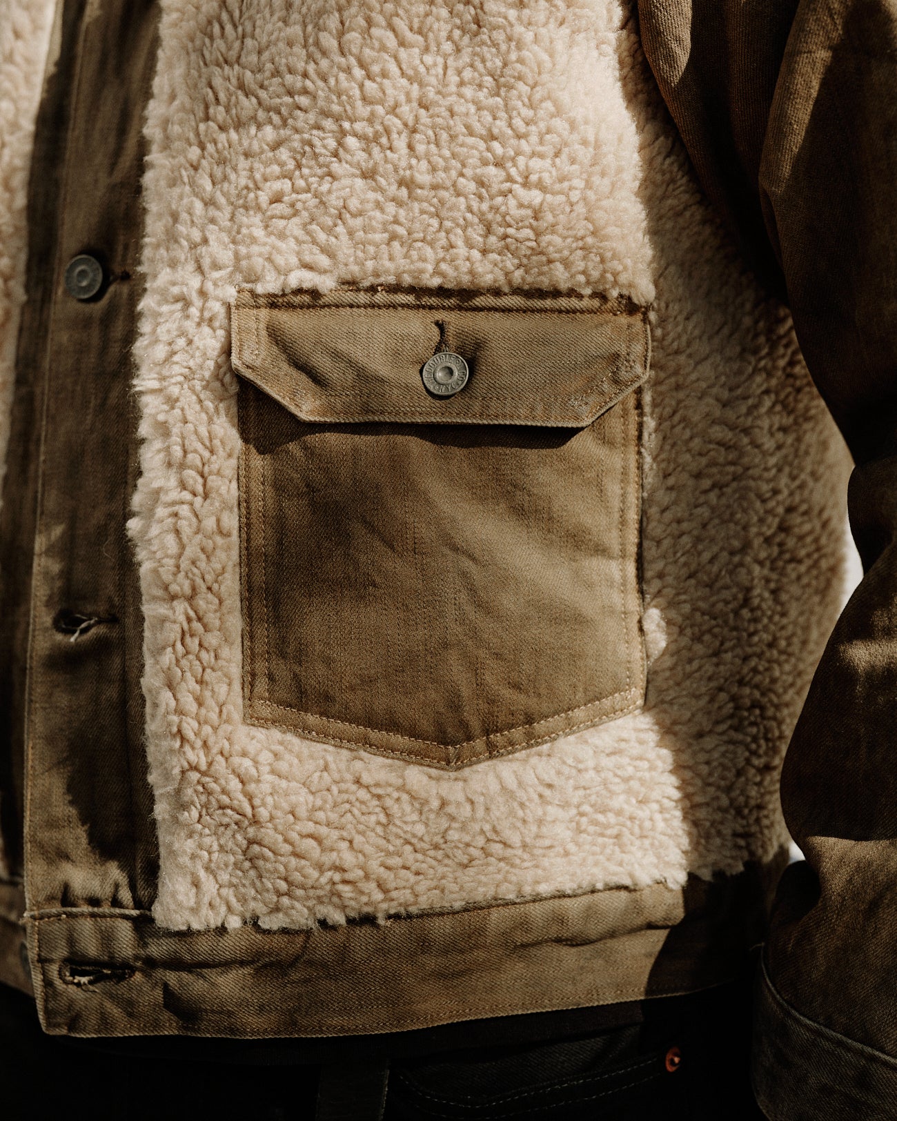 RRL Fleece-Panel Denim Trucker Jacket Distressed Brown