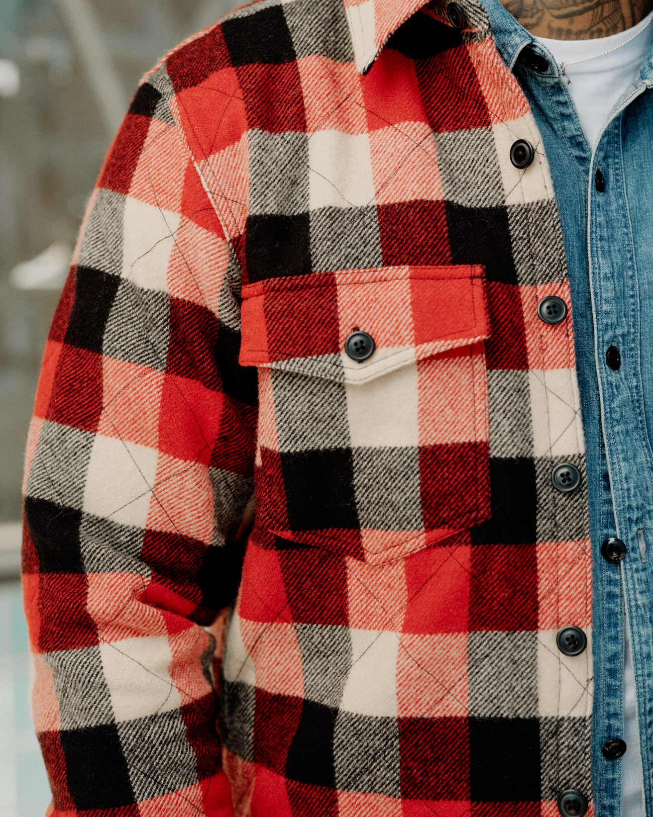 RRL Quilted Plaid Wool Overshirt Red/ Black