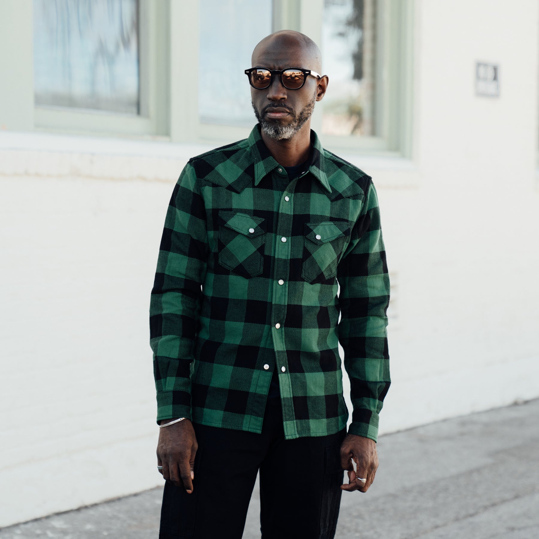 The Flat Head FN-SNW-101L Block Check Flannel Western Shirt Green x Black FINAL SALE