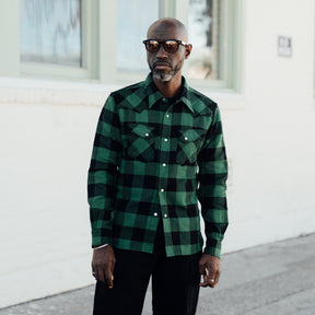 The Flat Head FN-SNW-101L Block Check Flannel Western Shirt Green x Black FINAL SALE