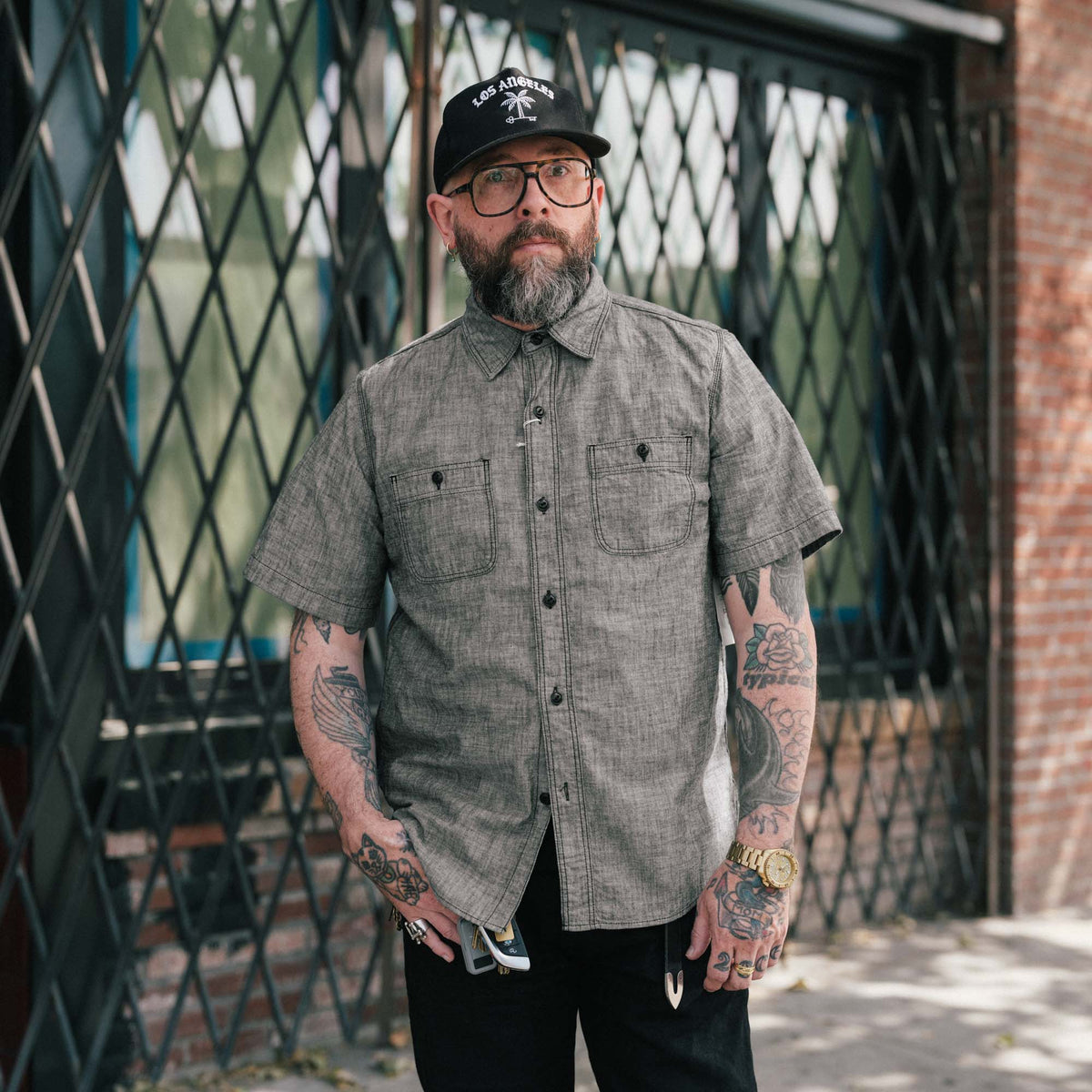The Flat Head FN-SCK-01OS Chambray Short Sleeve Work Shirt Black