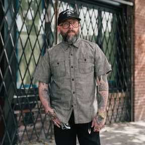 The Flat Head FN-SCK-01OS Chambray Short Sleeve Work Shirt Black