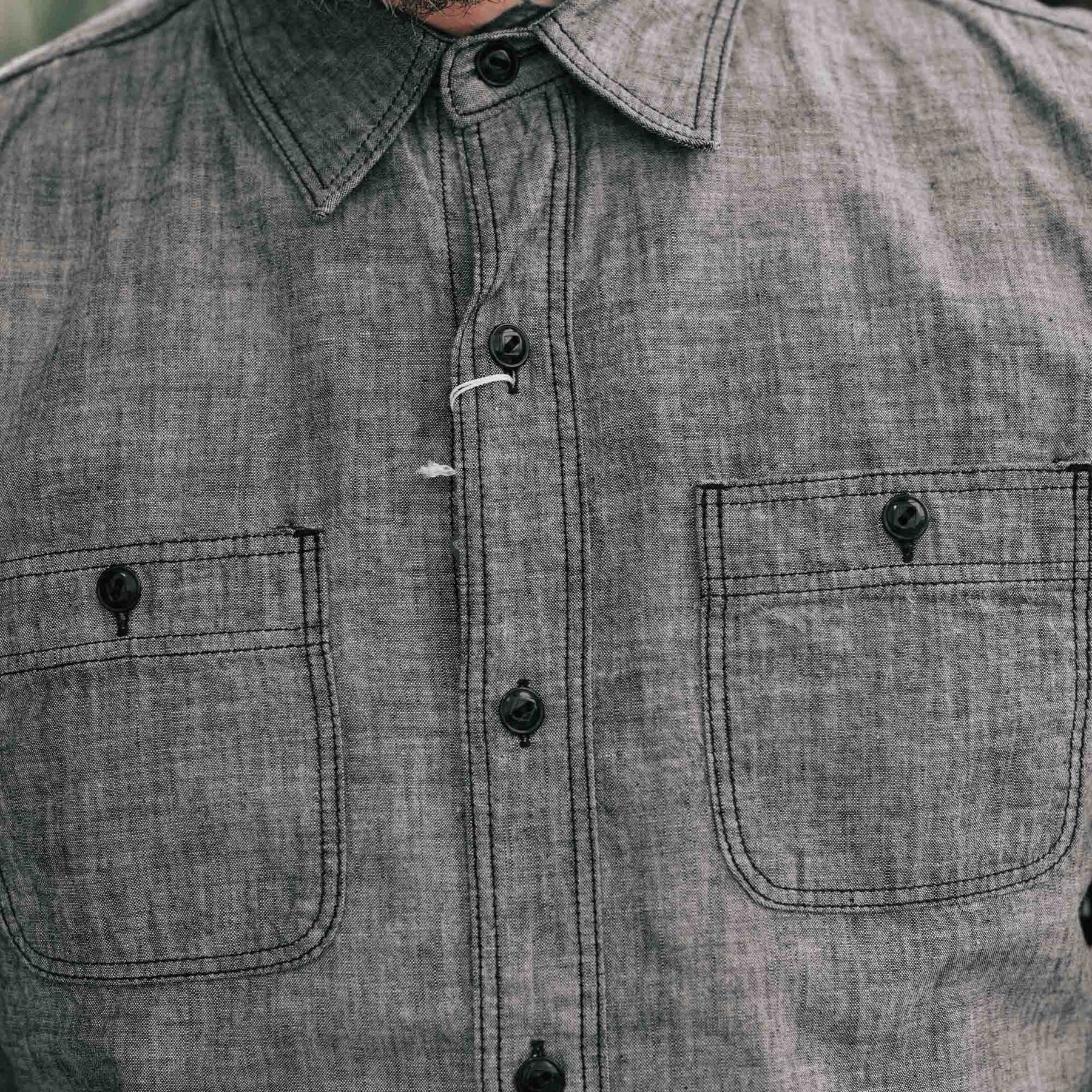The Flat Head FN-SCK-01OS Chambray Short Sleeve Work Shirt Black