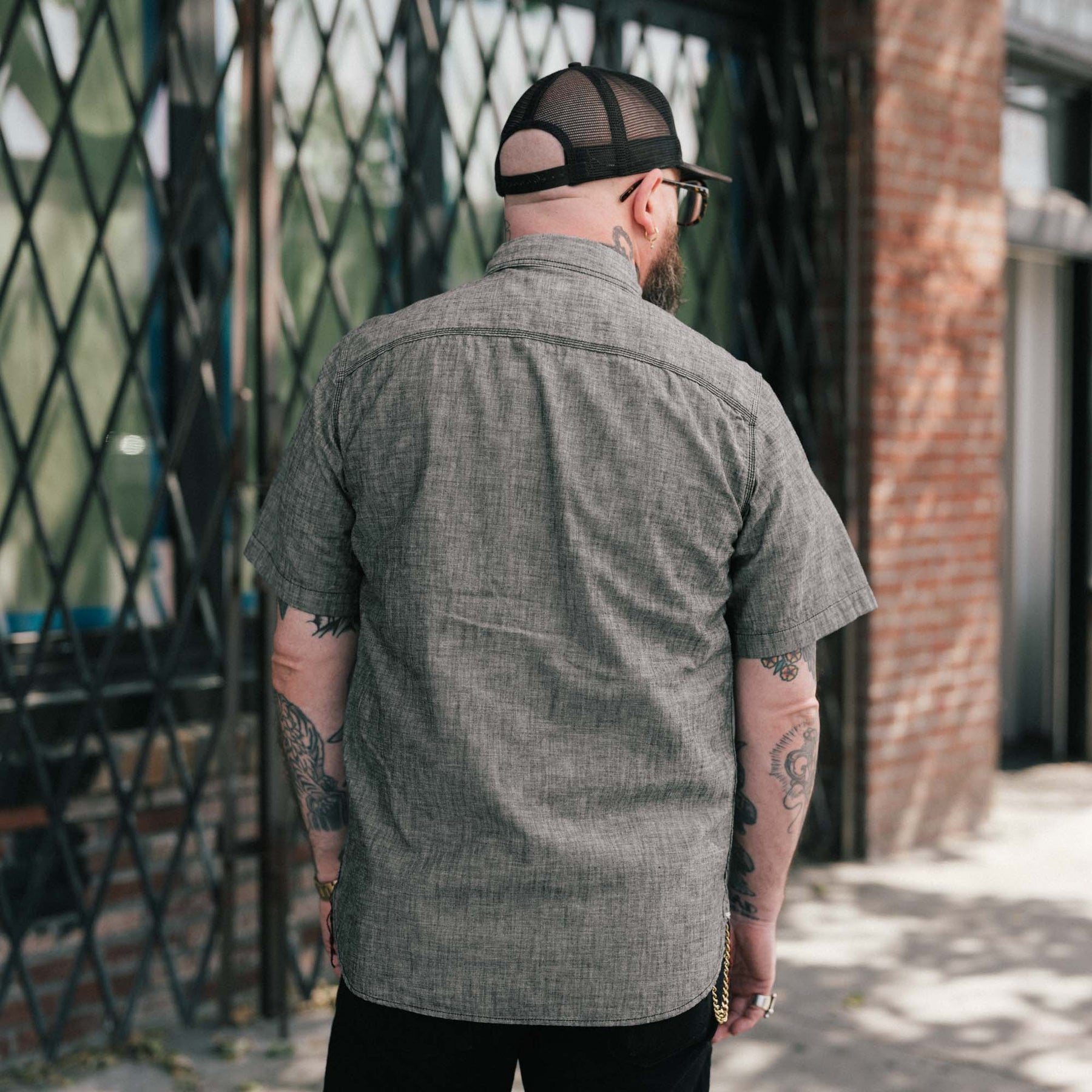 The Flat Head FN-SCK-01OS Chambray Short Sleeve Work Shirt Black