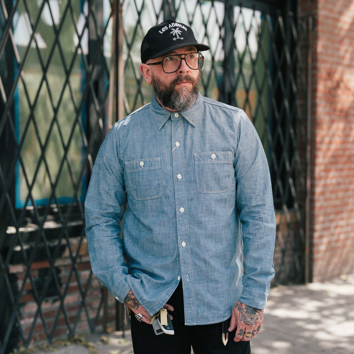 The Flat Head FN-SCK-010L Long Sleeve Chambray Work Shirt Blue