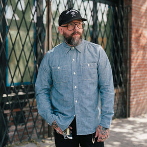 The Flat Head FN-SCK-010L Long Sleeve Chambray Work Shirt Blue