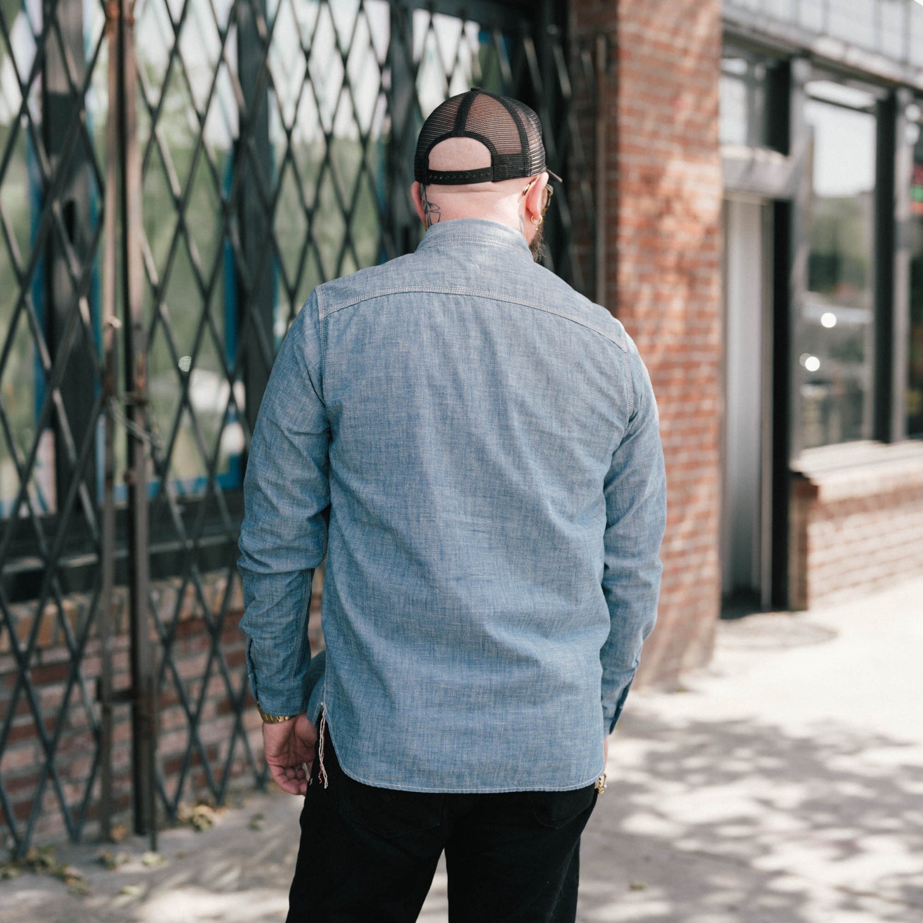 The Flat Head FN-SCK-010L Long Sleeve Chambray Work Shirt Blue