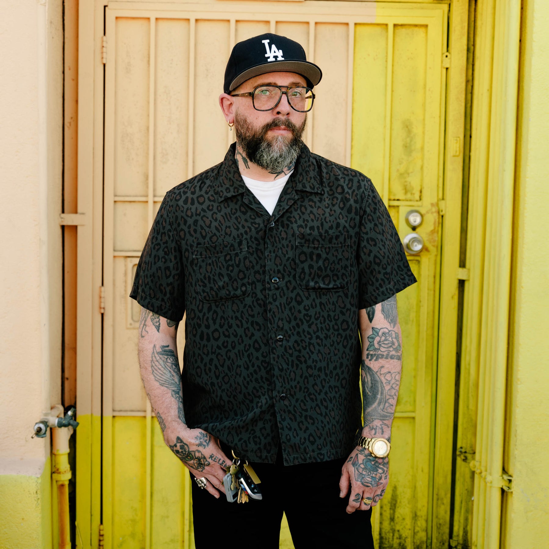 The Flat Head FN-SRO-009S Short Sleeve Leopard Shirt Black