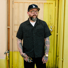 The Flat Head FN-SRO-009S Short Sleeve Leopard Shirt Black