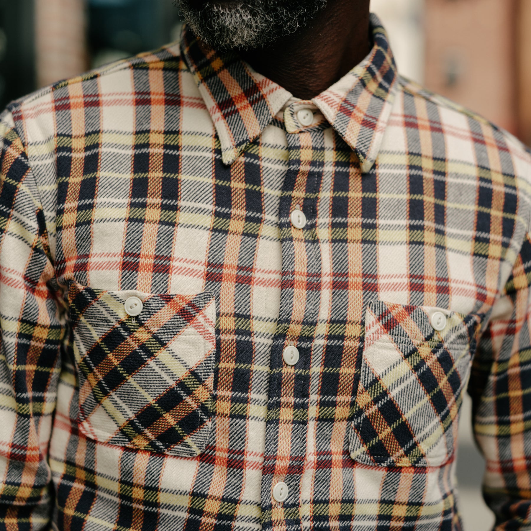 Flat Head FN-SNR-014L Flannel Check Work Shirt Ivory x Black FINAL SALE