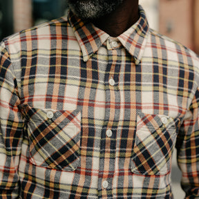 Flat Head FN-SNR-014L Flannel Check Work Shirt Ivory x Black FINAL SALE
