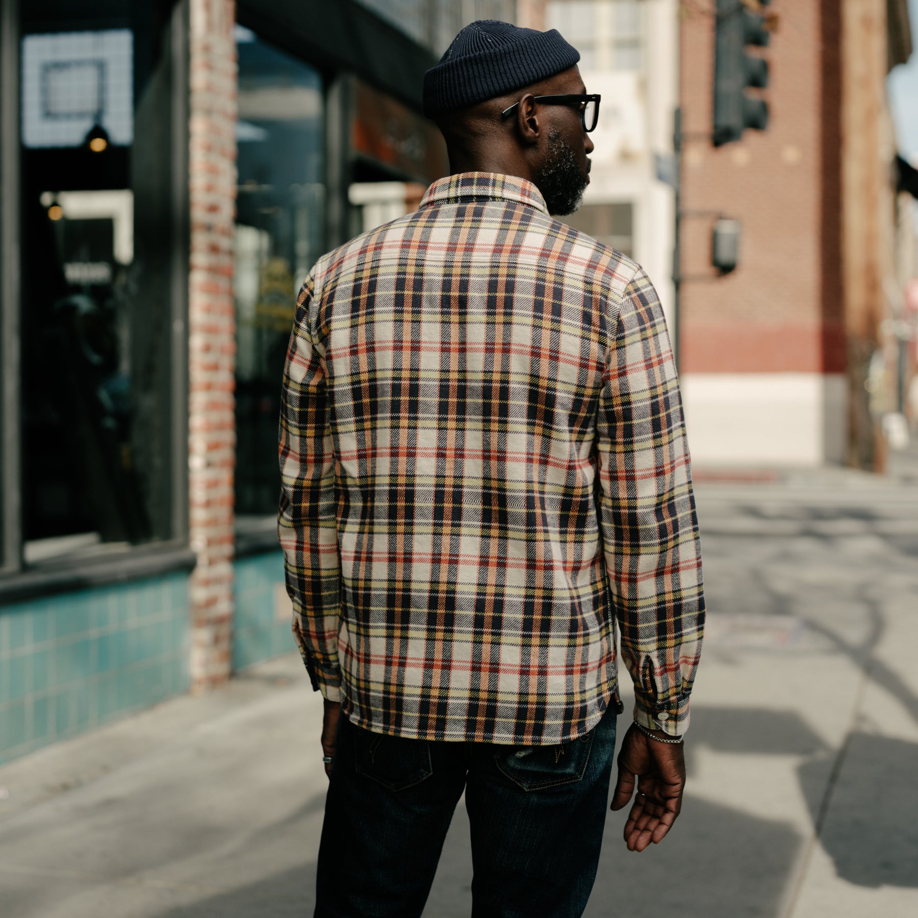 Flat Head FN-SNR-014L Flannel Check Work Shirt Ivory x Black FINAL SALE