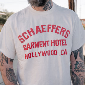 Schaeffer's Garment Hotel Cycle Varsity Drop Shoulder Raw Edge Tee White