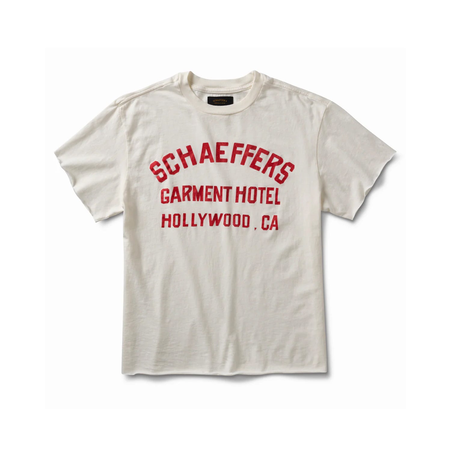 Schaeffer's Garment Hotel Cycle Varsity Drop Shoulder Raw Edge Tee White